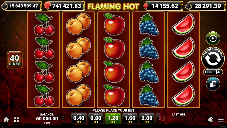 Flaming Hot slot grid, 40 LINES and four jackpot meters