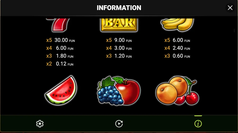Paytable: five red sevens pay 30.00 at a 1.20 stake