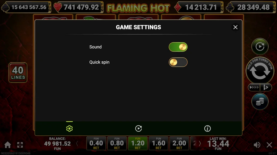 GAME SETTINGS panel with the Quick spin toggle